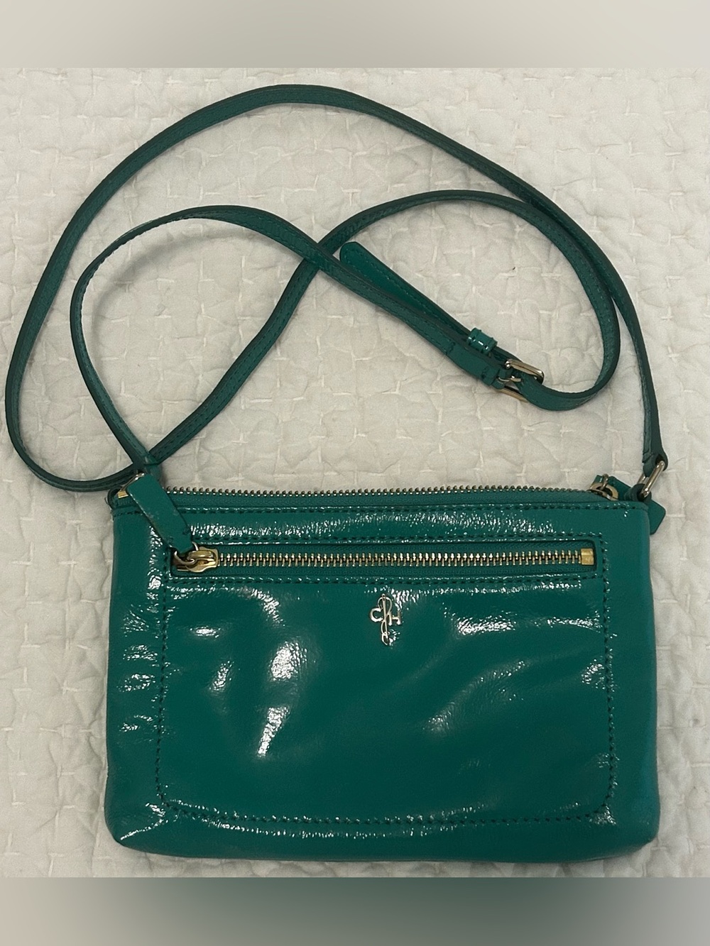 COLE HAAN “Jitney” Patent  Leather Teal Crossbody Purse Bag - 8” X 5”